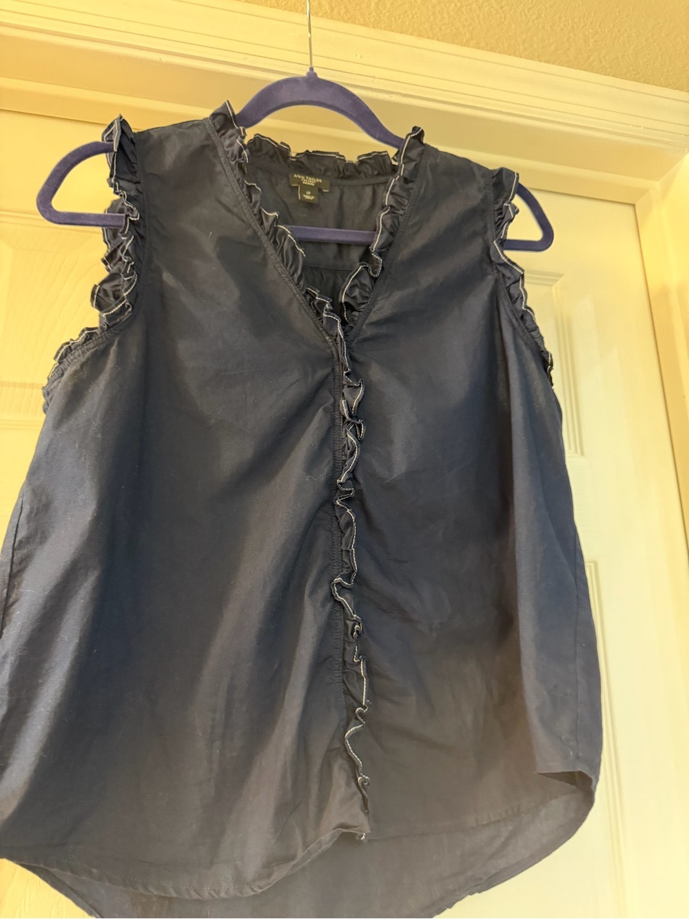 Ann Taylor Factory Navy Ruffle-Trim Sleeveless V-Neck Top